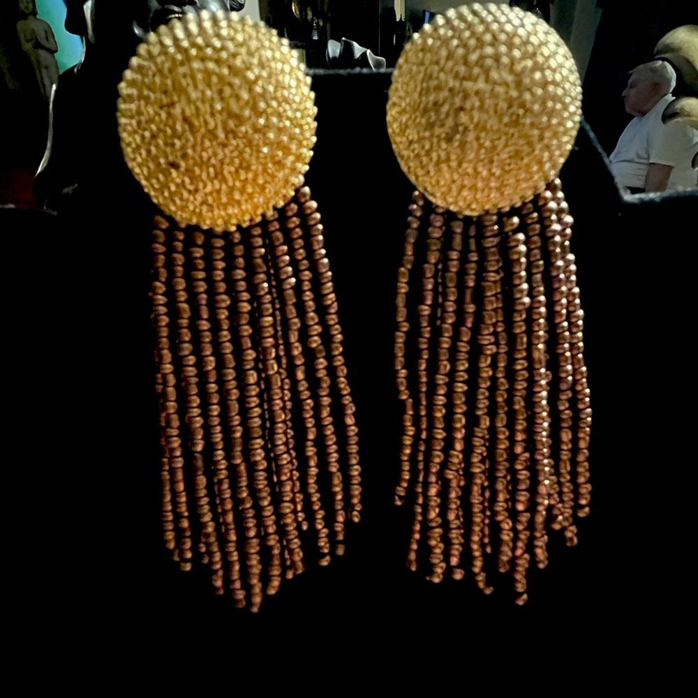 Pierced earrings posts with gold toned braided button long strands of beads - Picture 1 of 9